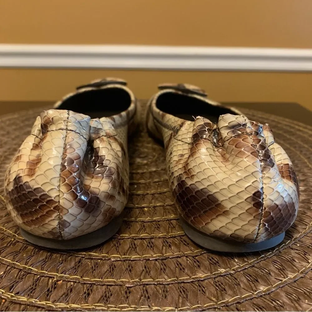 Tory Burch Minnie Travel Ballet Flat 7 M Snake Printed Leather Warm Roccia EUC
